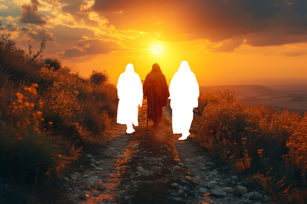 Jesus walking along a path towards the sunset with 2 white silhouettes beside him.