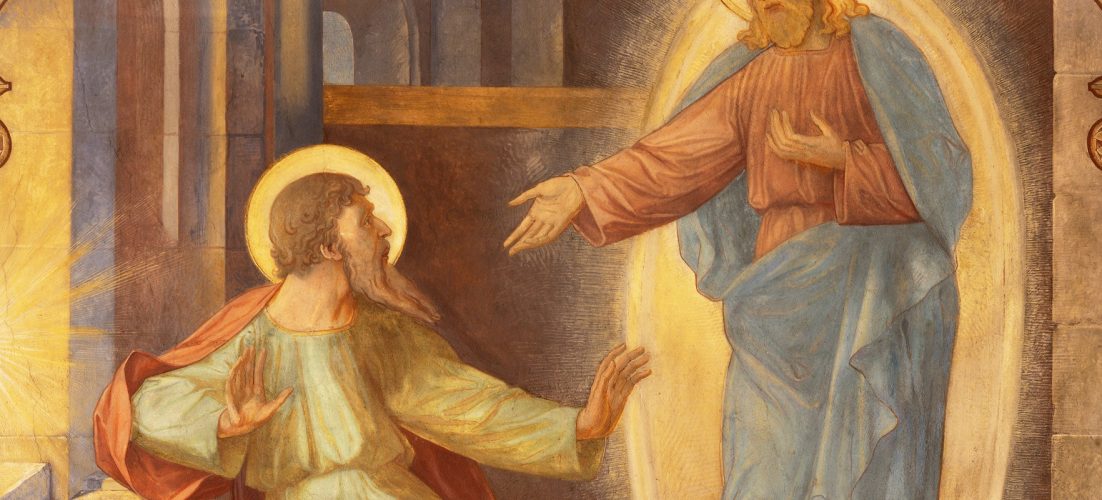 PRAGUE, CZECH REPUBLIC – OCTOBER 13, 2018: The fresco of Apparition of Jesus to Saint Paul in carcer in church kostel Svatého Václava by S. G. Rudl (1900). PRAGUE, CZECH REPUBLIC - OCTOBER 13, 2018: The fresco of Apparition of Jesus to Saint Paul in carcer in church kostel Svatého Václava by S. G. Rudl (1900).