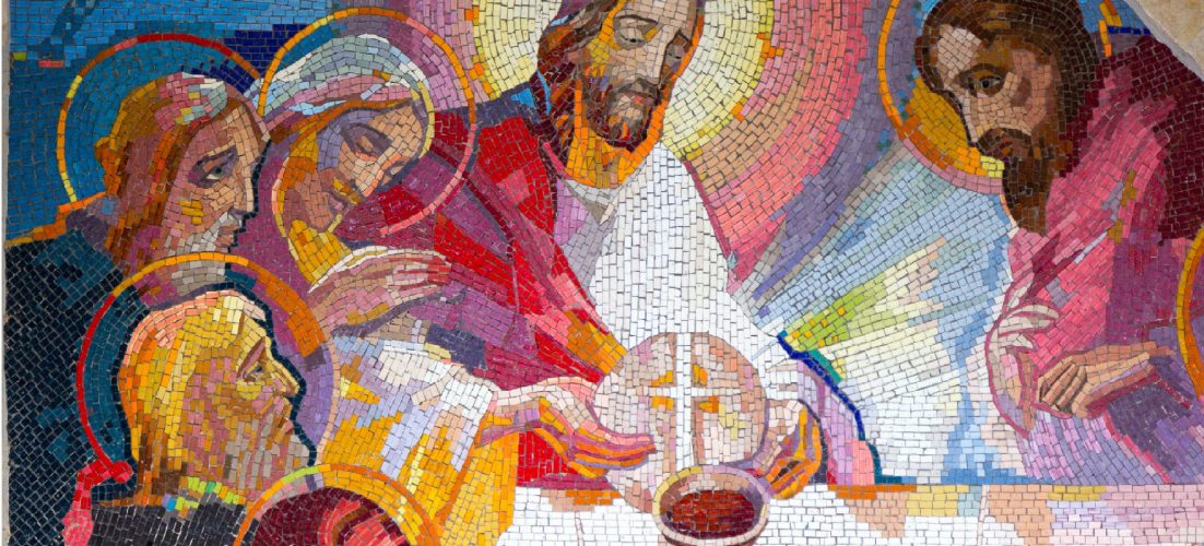 MEDJUGORJE, BOSNIA AND HERZEGOVINA, 2016/6/5. Mosaic of the institution of the Eucharist at the last supper by Jesus Christ as the fifth Luminous mystery. MEDJUGORJE, BOSNIA AND HERZEGOVINA, 2016/6/5. Mosaic of the institution of the Eucharist at the last supper by Jesus Christ as the fifth Luminous mystery.